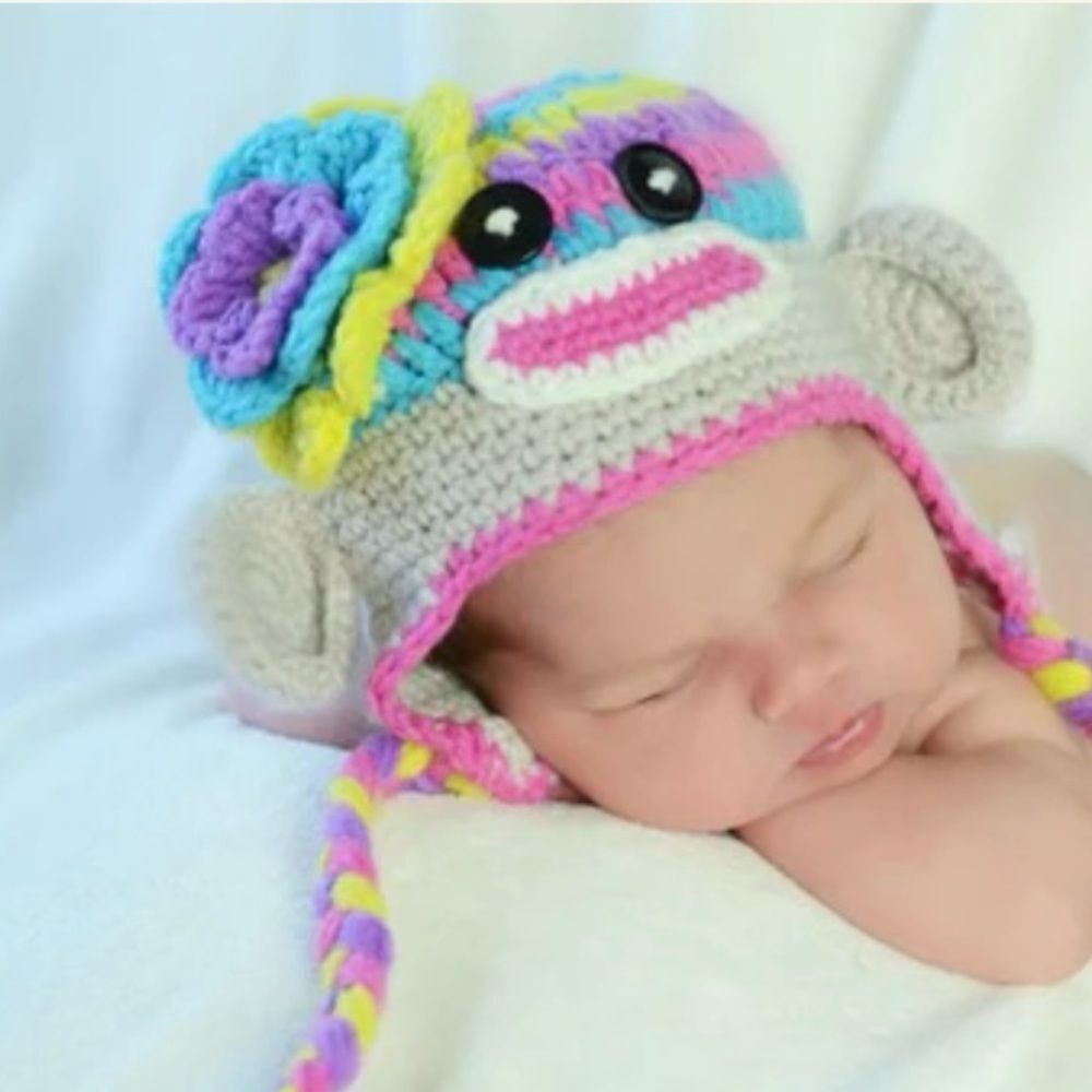 Daisy Baby Sock Monkey Infant Beanie Hat Multicolor Flower 0-6 months NEW